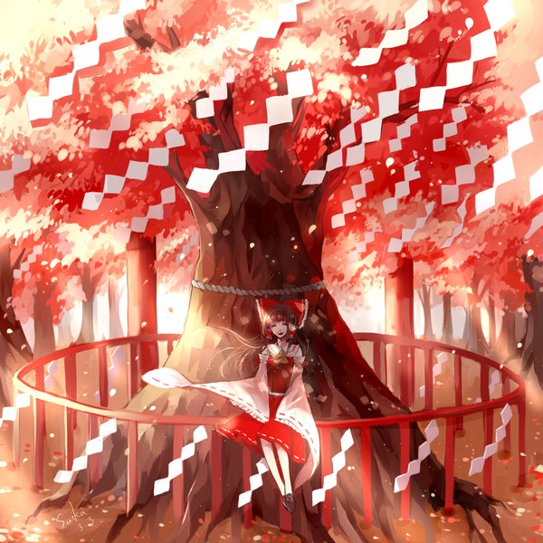 Anime picture 2000x2000 with touhou hakurei reimu cui (jidanhaidaitang) single long hair highres open mouth smile brown hair sitting signed eyes closed sunlight wide sleeves dated girl skirt bow plant (plants) hair bow