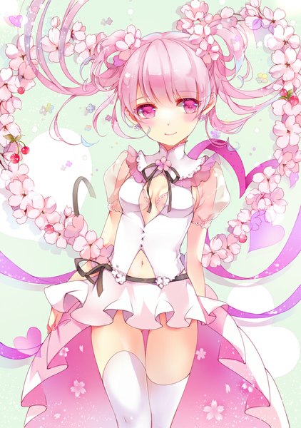 Anime picture 800x1136 with vocaloid hatsune miku sakura miku 041 single long hair tall image looking at viewer blush smile twintails pink hair pink eyes cherry blossoms girl thighhighs dress navel flower (flowers) plant (plants)