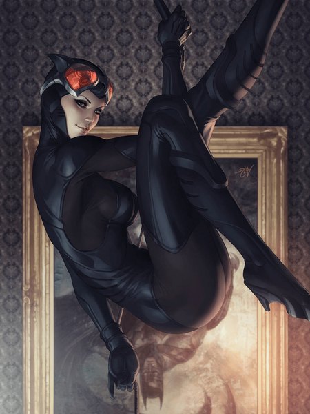 Anime picture 1080x1440 with batman dc comics cat woman batman (character) artgerm (stanley lau) single tall image looking at viewer short hair breasts blue eyes black hair signed bent knee (knees) light smile lips realistic goggles on head midair skin tight