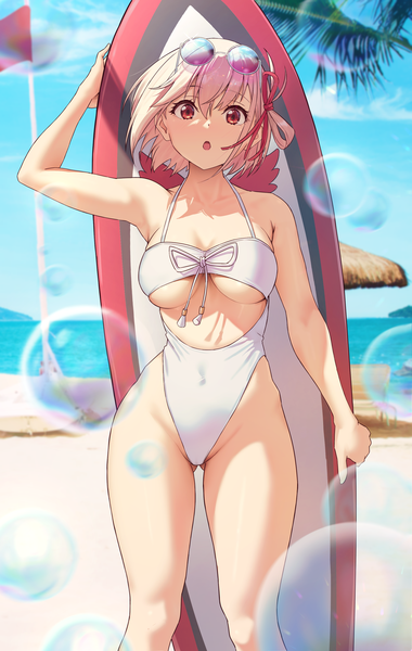 Anime-Bild 1922x3035 mit lycoris recoil nishikigi chisato solar (happymonk) single tall image looking at viewer blush fringe highres short hair breasts open mouth light erotic blonde hair hair between eyes red eyes large breasts standing sky cloud (clouds)