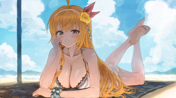 Anime picture 1423x800 with princess connect! re:dive princess connect! pecorine (princess connect!) sonchi single long hair looking at viewer blush fringe breasts blue eyes light erotic smile hair between eyes wide image large breasts payot sky cleavage cloud (clouds)