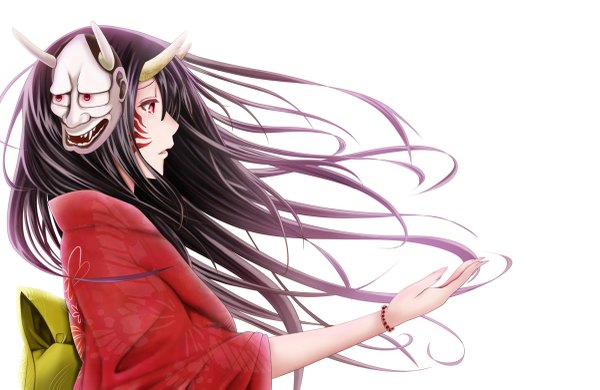 Аниме картинка 1200x781 с оригинальное изображение kentaurosu один (одна) длинные волосы чёрные волосы простой фон красные глаза белый фон традиционная одежда японская одежда профиль рог (рога) рога они маска на голове девушка кимоно маска
