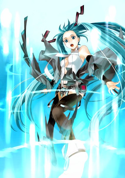 Anime picture 2480x3508 with vocaloid vocaloid append hatsune miku hatsune miku (append) long hair tall image highres open mouth twintails green eyes green hair girl ribbon (ribbons) detached sleeves