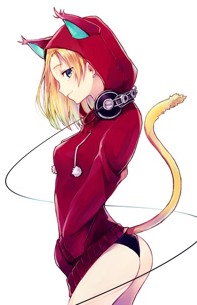 Anime picture 522x804 with original itsumi mita single tall image looking at viewer fringe short hair blue eyes light erotic blonde hair simple background standing white background animal ears ass tail animal tail profile cat ears cat tail