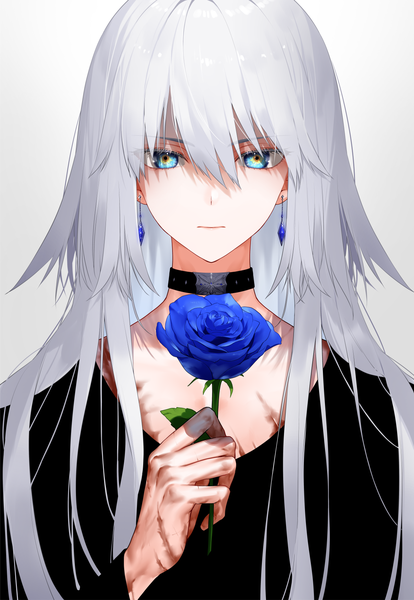Anime picture 1200x1740 with original waka (shark waka) single long hair tall image looking at viewer fringe blue eyes simple background hair between eyes holding silver hair upper body gradient background scar androgynous flower (flowers) earrings rose (roses) blue rose