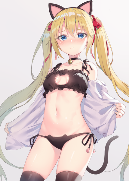 Anime picture 2589x3623 with original alexmaster single tall image looking at viewer blush fringe highres breasts blue eyes light erotic simple background blonde hair hair between eyes standing twintails animal ears payot tail very long hair