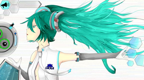 Anime picture 1600x900 with vocaloid hatsune miku tagme (artist) single long hair simple background wide image white background twintails aqua eyes aqua hair girl detached sleeves necktie computer