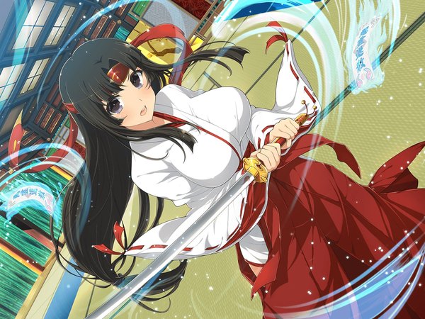 Anime-Bild 2048x1536 mit senran kagura queen's blade senran kagura new wave tomoe (queen's blade) yaegashi nan single long hair fringe highres breasts black hair large breasts standing holding payot looking away indoors traditional clothes japanese clothes black eyes
