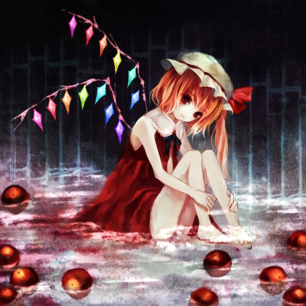 Anime picture 1200x1200 with touhou flandre scarlet fukahire (ruinon) single long hair blonde hair red eyes one side up girl dress bow hat wings water apple