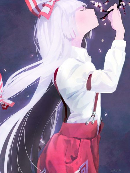 Anime picture 600x800 with touhou fujiwara no mokou chabi (amedama) single long hair tall image blush fringe white hair eyes closed profile cherry blossoms girl flower (flowers) bow plant (plants) hair bow shirt petals tree (trees)