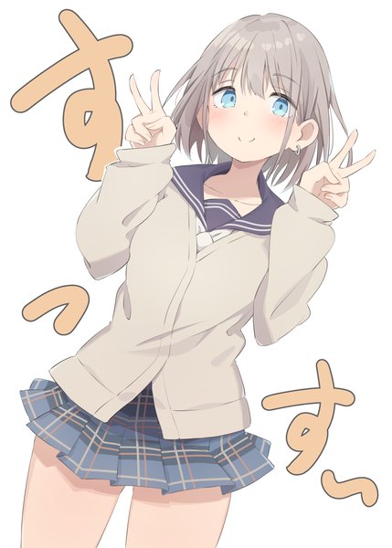 Anime picture 1066x1491 with idolmaster idolmaster shiny colors serizawa asahi eito12 single tall image looking at viewer blush short hair blue eyes smile white background pleated skirt grey hair inscription piercing plaid skirt victory ear piercing girl