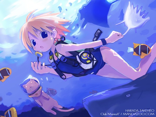 Anime picture 1600x1200 with club maniax harada takehito looking at viewer blush short hair open mouth blue eyes blonde hair loli flat chest saliva underwater girl swimsuit animal cat one-piece swimsuit fish (fishes) helmet school swimsuit