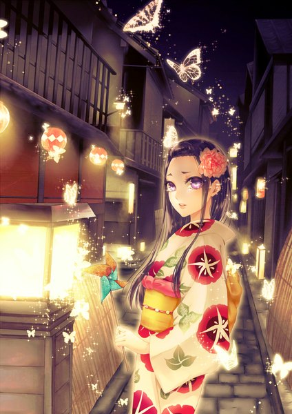 Anime picture 1521x2150 with original ohagi (ymnky) single long hair tall image looking at viewer open mouth black hair purple eyes traditional clothes japanese clothes hair flower night tears glow street girl hair ornament flower (flowers) insect