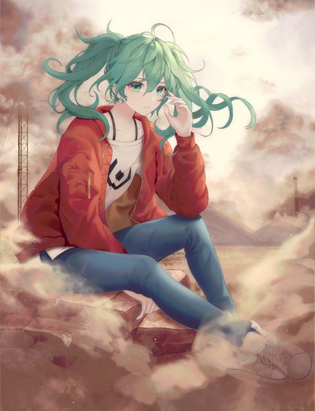 Anime picture 801x1044 with vocaloid suna no wakusei (vocaloid) hatsune miku zain (jiha3905) single long hair tall image looking at viewer fringe hair between eyes sitting twintails green eyes full body ahoge bent knee (knees) outdoors arm up green hair open jacket