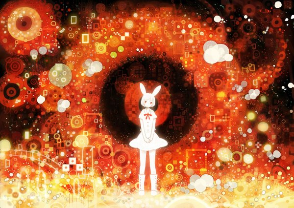 Anime picture 1280x910 with original kamin (pixiv) single short hair red eyes standing looking away white hair bunny ears abstract girl dress boots knee boots