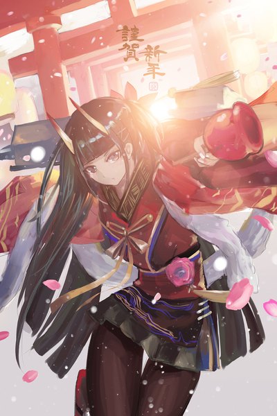 Anime picture 1591x2386 with azur lane noshiro (azur lane) noshiro (uncharted festival grounds?) (azur lane) nasu (luliice) single long hair tall image looking at viewer fringe black hair standing purple eyes holding payot blunt bangs traditional clothes head tilt japanese clothes horn (horns) sunlight