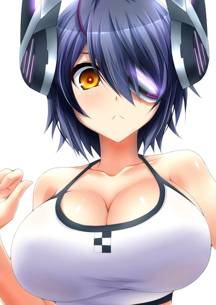 Anime picture 1418x2000 with kantai collection tenryuu light cruiser watarui single long hair tall image looking at viewer blush fringe short hair breasts light erotic simple background yellow eyes blue hair cleavage hair over one eye huge breasts girl eyepatch