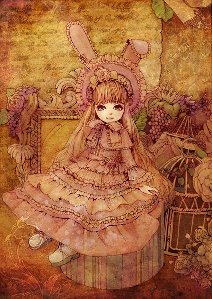 Anime picture 752x1062 with original piyograph single long hair tall image looking at viewer fringe brown hair sitting brown eyes animal ears light smile bunny ears lolita fashion girl dress flower (flowers) hat food berry (berries)