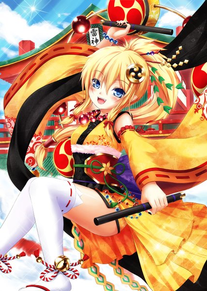 Anime picture 1000x1406 with original tiphereth single long hair tall image looking at viewer blush open mouth blue eyes blonde hair ponytail traditional clothes japanese clothes girl thighhighs hair ornament detached sleeves white thighhighs kimono obi