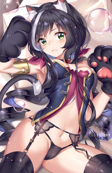 Anime picture 809x1250 with princess connect! re:dive princess connect! karyl (princess connect!) squchan single long hair tall image looking at viewer blush fringe breasts light erotic black hair twintails green eyes signed animal ears payot cleavage tail
