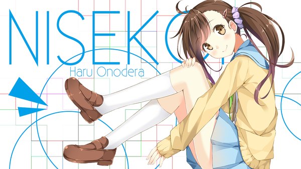 Anime picture 1920x1080 with nisekoi shaft (studio) onodera haru taiyaki (astre) single long hair looking at viewer blush highres smile brown hair wide image sitting brown eyes pleated skirt inscription wallpaper character names side ponytail girl