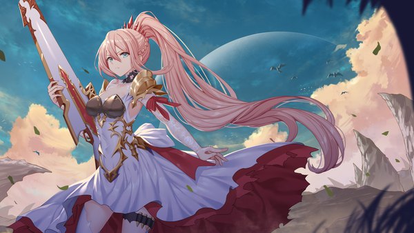 Anime picture 4000x2250 with tales of (series) tales of arise shionne (tales) roi (liu tian) single fringe highres blue eyes hair between eyes wide image looking away pink hair absurdres sky cloud (clouds) ponytail very long hair wind girl dress
