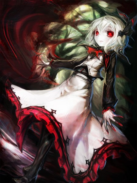 Anime picture 1000x1333 with touhou rumia spark621 single tall image looking at viewer short hair blonde hair red eyes white hair light smile legs magic looking down pale skin girl thighhighs skirt bow black thighhighs