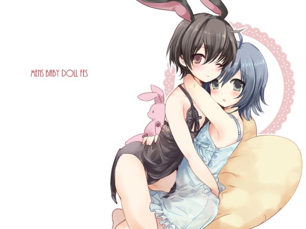 Anime picture 1280x960 with cardfight!! vanguard blush short hair open mouth blue eyes light erotic black hair simple background white background multiple girls brown eyes one eye closed grey hair wink inscription bunny ears hug girl 2 girls bunny
