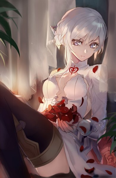 Anime picture 939x1441 with sinoalice snow white (sinoalice) qitoli single tall image looking at viewer breasts blue eyes light erotic sitting cleavage white hair long sleeves depth of field pale skin girl thighhighs dress black thighhighs petals