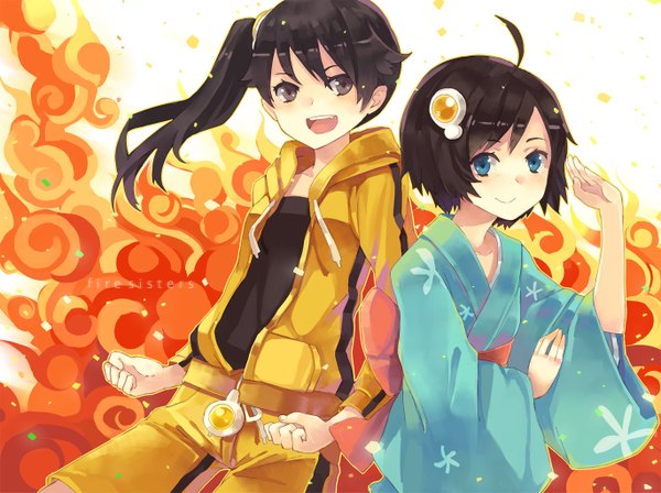 Anime picture 1370x1025 with nisemonogatari shaft (studio) monogatari (series) araragi karen araragi tsukihi hao (patinnko) long hair blush short hair open mouth blue eyes black hair smile multiple girls ahoge ponytail traditional clothes japanese clothes inscription grey eyes