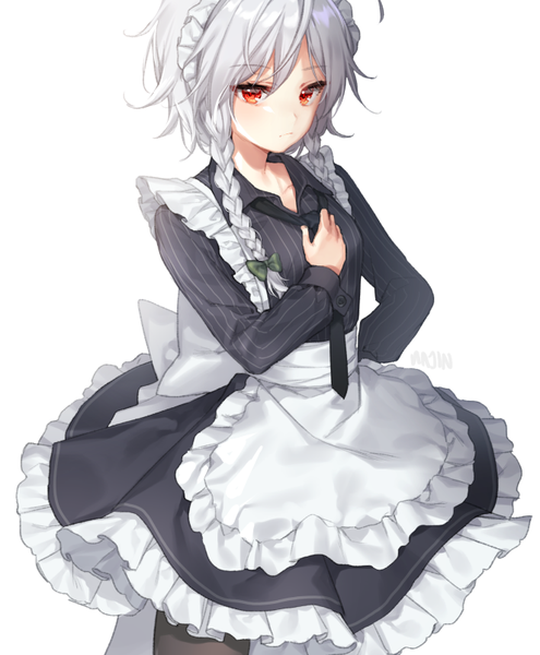 Anime picture 663x804 with touhou izayoi sakuya hajin single long hair tall image looking at viewer blush fringe simple background hair between eyes red eyes standing white background silver hair braid (braids) long sleeves maid hand on hip twin braids
