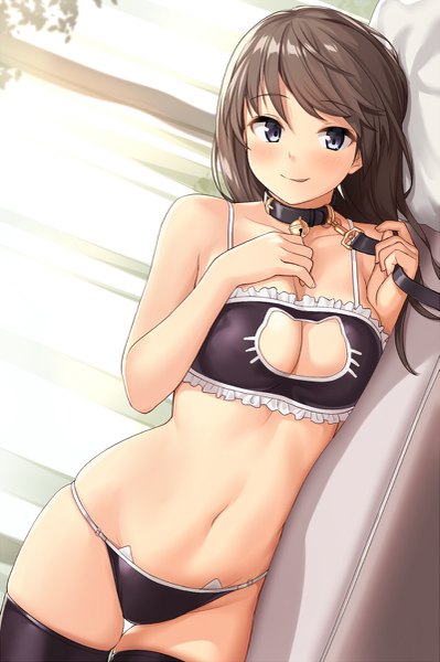Anime picture 799x1200 with original sawada yuusuke single long hair tall image looking at viewer blush fringe light erotic smile brown hair bare shoulders cleavage indoors lying sunlight grey eyes underwear only skindentation hand on chest