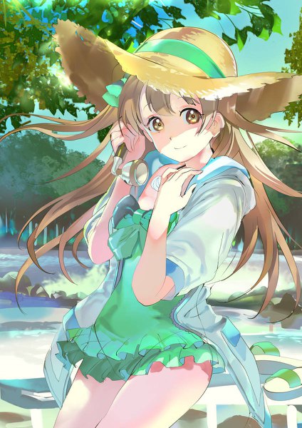 Anime picture 848x1200 with love live! school idol project sunrise (studio) love live! minami kotori 119 single long hair tall image looking at viewer brown hair brown eyes outdoors light smile one side up shaded face shoes removed girl swimsuit plant (plants) hat