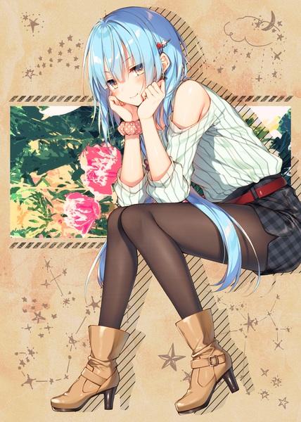 Anime picture 1025x1438 with original toosaka asagi single long hair tall image looking at viewer blush fringe smile hair between eyes sitting bare shoulders brown eyes blue hair full body high heels plaid skirt head rest wrist scrunchie hands on face