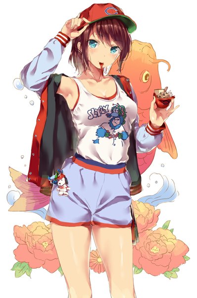 Anime picture 700x1055 with original aida takanobu single tall image blush short hair blue eyes brown hair holding open clothes open jacket mouth hold girl flower (flowers) food jacket shorts sweets bubble (bubbles) fish (fishes)