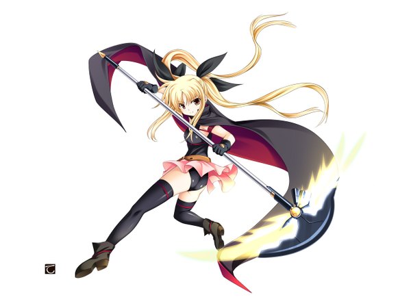 Anime picture 1280x960 with mahou shoujo lyrical nanoha fate testarossa tebukuro light erotic blonde hair simple background red eyes white background twintails ass girl thighhighs gloves weapon cloak