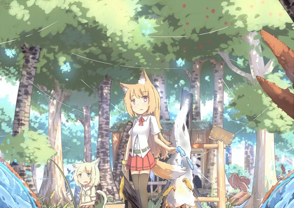Anime picture 3508x2480 with original hinbackc long hair highres short hair open mouth blue eyes blonde hair purple eyes multiple girls animal ears absurdres tail animal tail pleated skirt cat ears cat girl cat tail fox ears fox tail