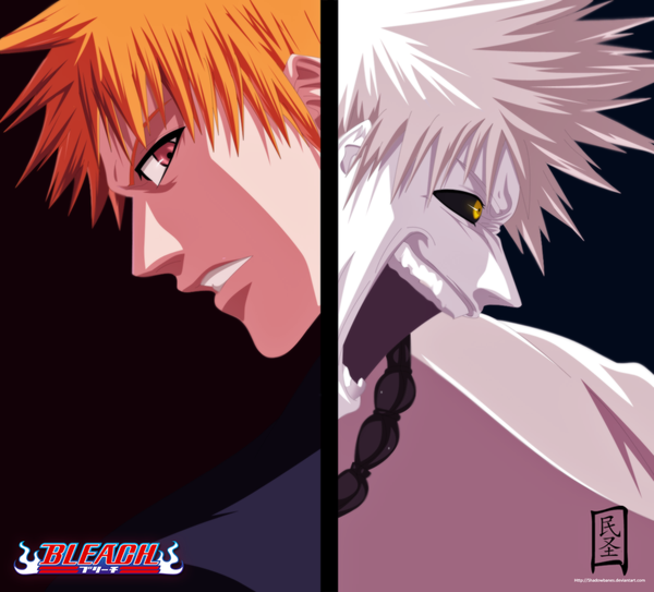 Anime picture 1400x1268 with bleach studio pierrot kurosaki ichigo ryuji-16 short hair open mouth simple background smile yellow eyes white hair profile pink eyes orange hair inscription multiple boys coloring multiview angry dual persona boy