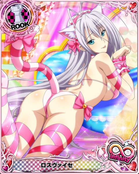 Anime picture 640x800 with highschool dxd rossweisse single tall image blush breasts blue eyes light erotic animal ears silver hair ass tail very long hair animal tail looking back cat ears cat girl cat tail card (medium) girl