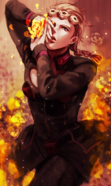 Anime picture 900x1500 with jojo no kimyou na bouken giorno giovanna rin2010 single tall image looking at viewer short hair open mouth blue eyes blonde hair braid (braids) lips covering eye (eyes) boy flame