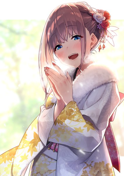 Anime picture 2507x3541 with original hitoyo (baffu) baffu single tall image looking at viewer blush fringe highres short hair open mouth blue eyes hair between eyes brown hair payot nail polish traditional clothes japanese clothes fingernails blurry