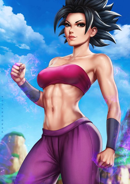 Anime-Bild 764x1080 mit dragon ball dragon ball super caulifla dandon fuga single tall image looking at viewer short hair light erotic black hair standing sky cloud (clouds) lips black eyes realistic bare belly muscle spiked hair abs