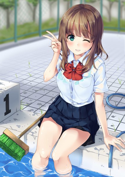 Anime picture 1413x2000 with original unasaka ryou single long hair tall image looking at viewer blush fringe blue eyes light erotic brown hair sitting payot outdoors parted lips pleated skirt one eye closed arm up light smile blurry