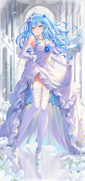 Anime picture 1175x2500 with virtual youtuber hololive yukihana lamy rin yuu single long hair tall image looking at viewer blush fringe open mouth hair between eyes standing bare shoulders yellow eyes blue hair cleavage ahoge indoors hair flower