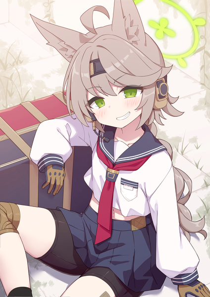 Anime picture 1154x1634 with blue archive otogi (blue archive) lolikaku single long hair tall image looking at viewer blush fringe smile hair between eyes brown hair sitting green eyes animal ears ahoge pleated skirt from above grin girl