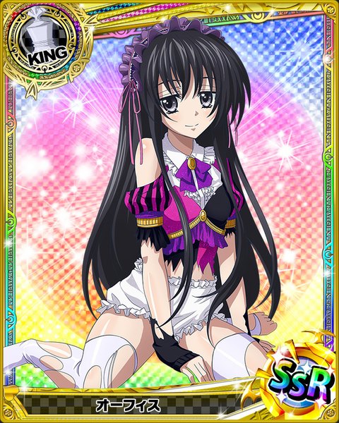 Anime picture 640x800 with highschool dxd ophis single long hair tall image looking at viewer light erotic black hair black eyes loli torn clothes card (medium) girl thighhighs dress white thighhighs clothes lolita hairband