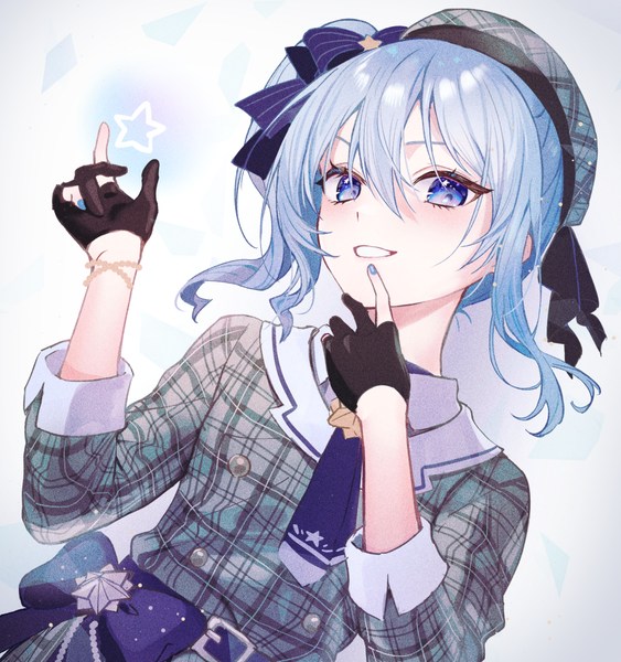 Anime picture 1027x1095 with virtual youtuber hololive hoshimachi suisei hoshimachi suisei (1st costume) akaike single long hair tall image looking at viewer fringe blue eyes smile hair between eyes blue hair upper body nail polish grin side ponytail girl gloves