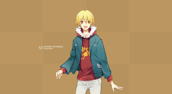Anime picture 1282x706 with tsukiuta shiwasu kakeru tagme (artist) single short hair open mouth simple background blonde hair smile wide image open clothes open jacket official art orange eyes brown background boy jacket fur hood hoodie