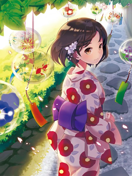 Anime picture 750x1000 with original sheep sleep single tall image short hair black hair brown eyes looking away traditional clothes japanese clothes floral print animal print fish print girl leaf (leaves) obi yukata wind chime
