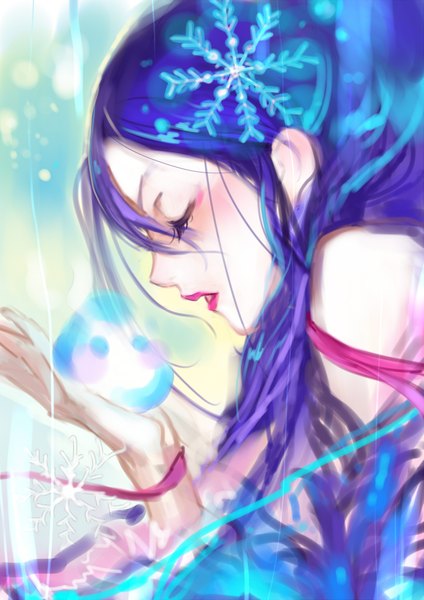 Anime picture 1239x1753 with original okishiji en single long hair tall image fringe open mouth bare shoulders blue hair eyes closed profile close-up girl hair ornament ribbon (ribbons) snowflake (snowflakes) snowflake hair ornament
